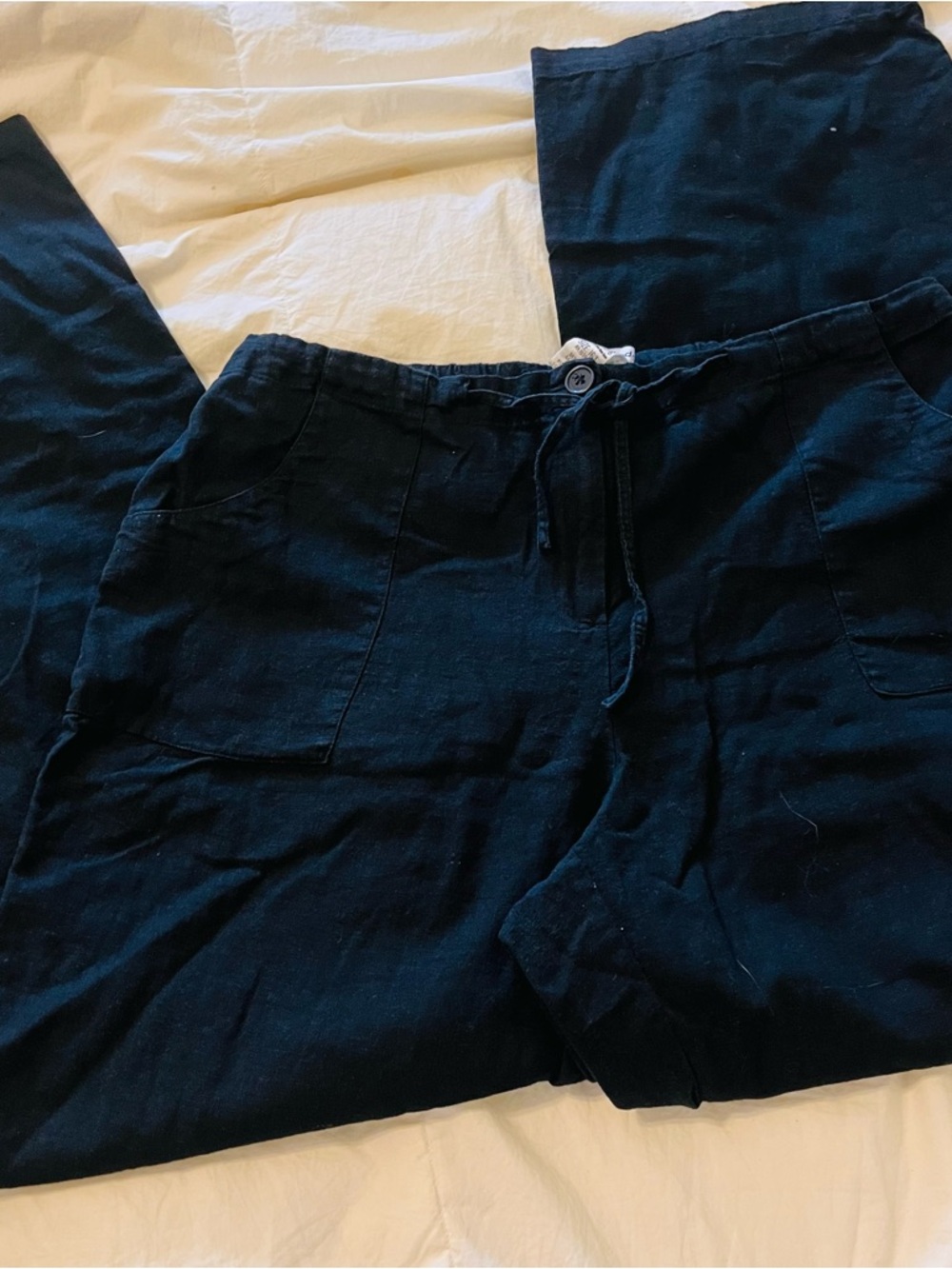 Black Linen Blend Drawstring Wide Leg Pants Sz 16 Tall/Long